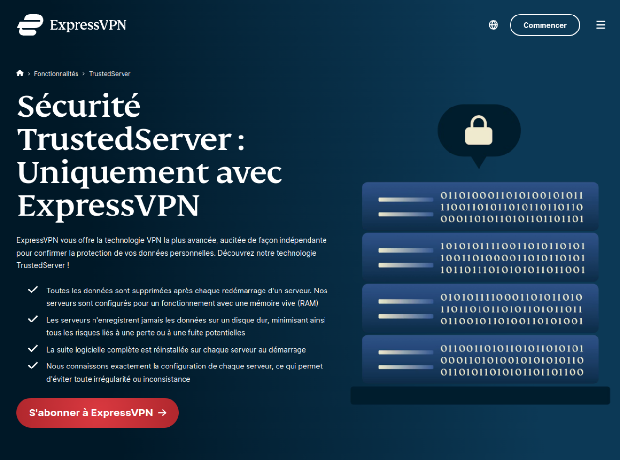 Page d'ExpressVPN sur sa technologie TrustedServer