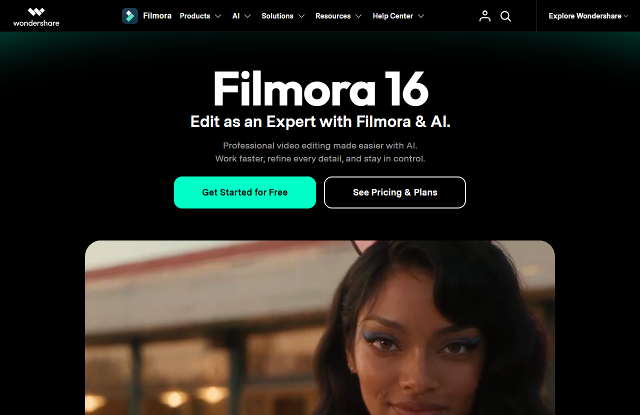 Filmora 16 homepage with the headline Edit as an Expert with Filmora and AI