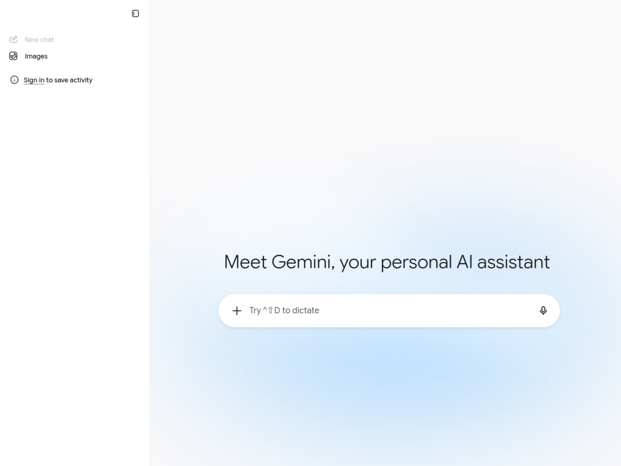 Google Gemini home page with a prompt box and a Sign in to save activity link, shown without signing in