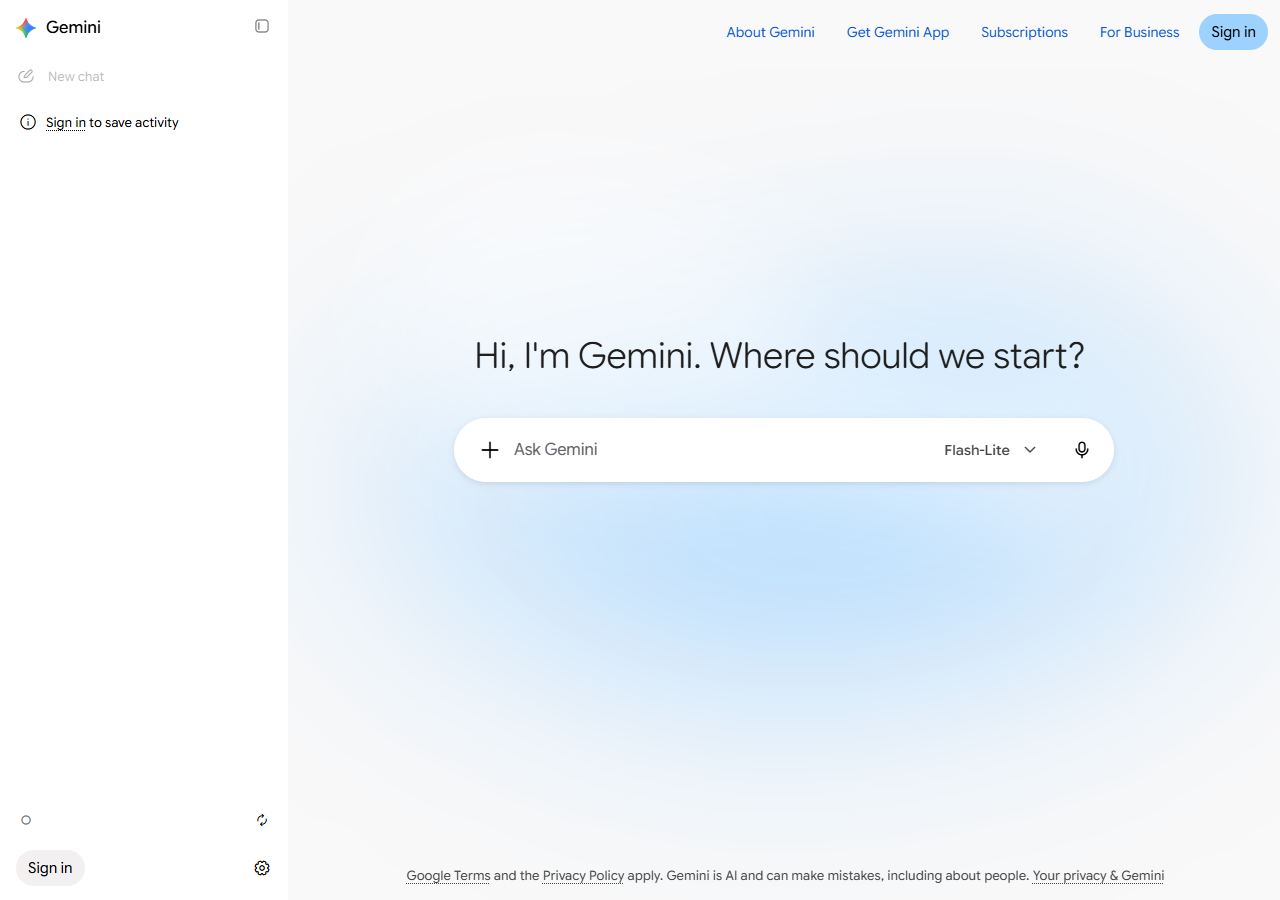 Gemini home page signed out, with the prompt box, a Flash-Lite model selector and a Sign in button