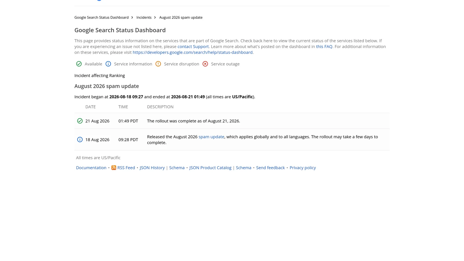 Google Search Status Dashboard : mise à jour anti-spam d'août 2026 déployée du 18 au 21 août