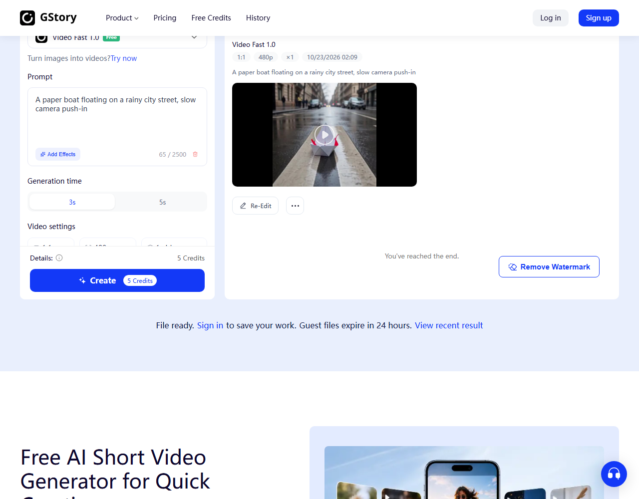 Gstory video generator showing a finished guest clip of a paper boat on a wet street with a Remove Watermark button