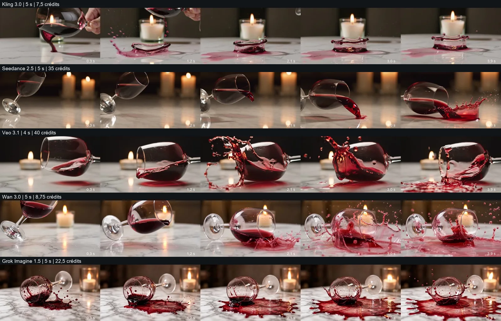 Cinq images extraites de chaque clip (à 0,3, 1,2, 2,1, 3,0 et 3,9 secondes) pour Kling 3.0, Seedance 2.5, Veo 3.1, Wan 3.0 et Grok Imagine 1.5