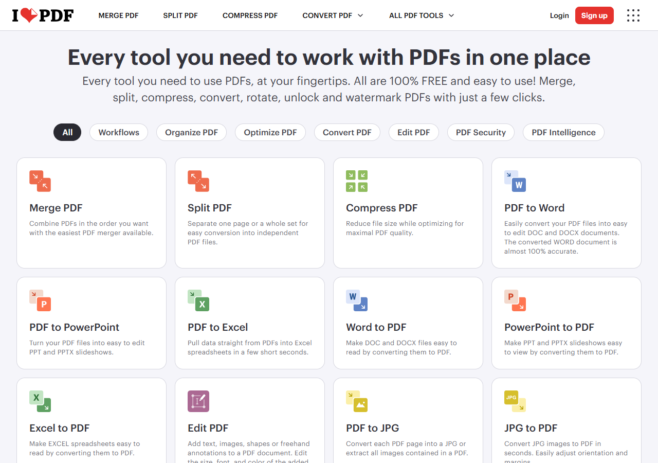 iLovePDF home page with the grid of PDF tools: merge, split, compress, convert, edit and sign