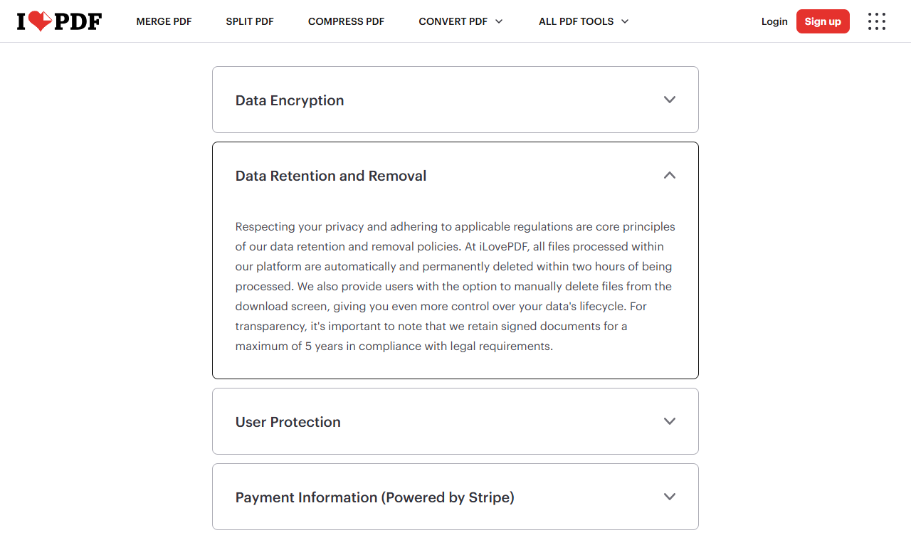 iLovePDF security and data protection page describing certifications, encryption and file deletion