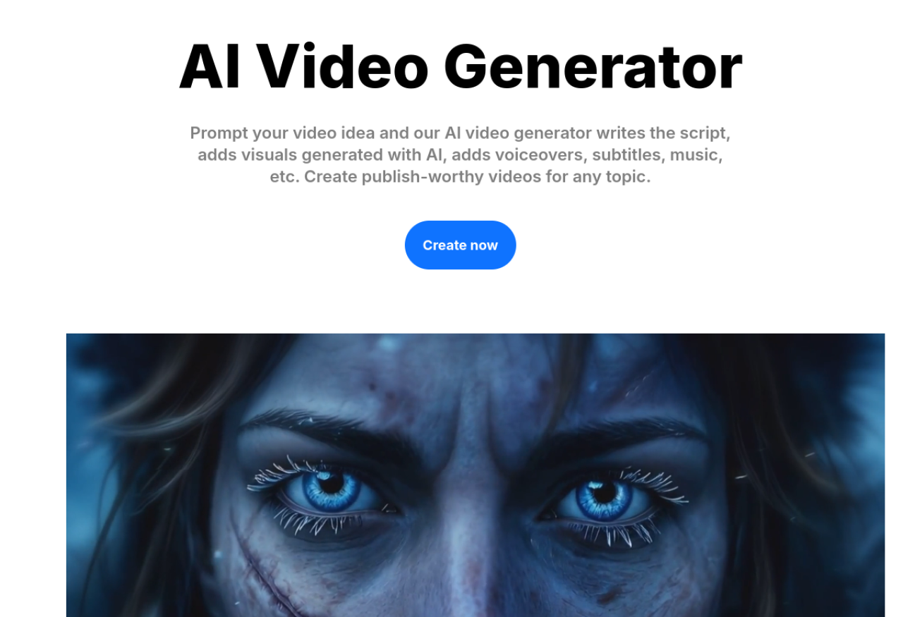 Page du générateur de vidéo IA d'InVideo : à partir d'un prompt, l'outil écrit le script, ajoute visuels, voix et sous-titres