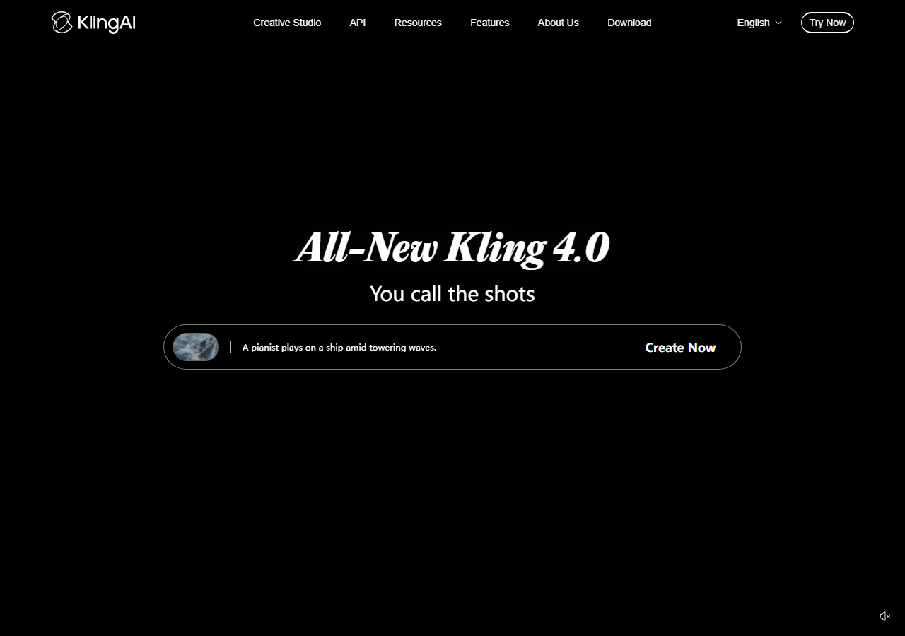 Kling AI homepage announcing the All-New Kling 4.0 with a Create Now prompt bar
