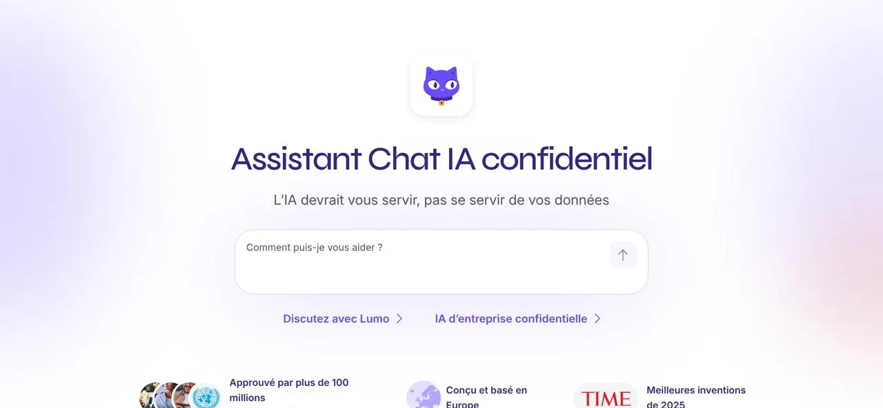 Page de présentation de Lumo, l'assistant chat IA confidentiel de Proton, en français