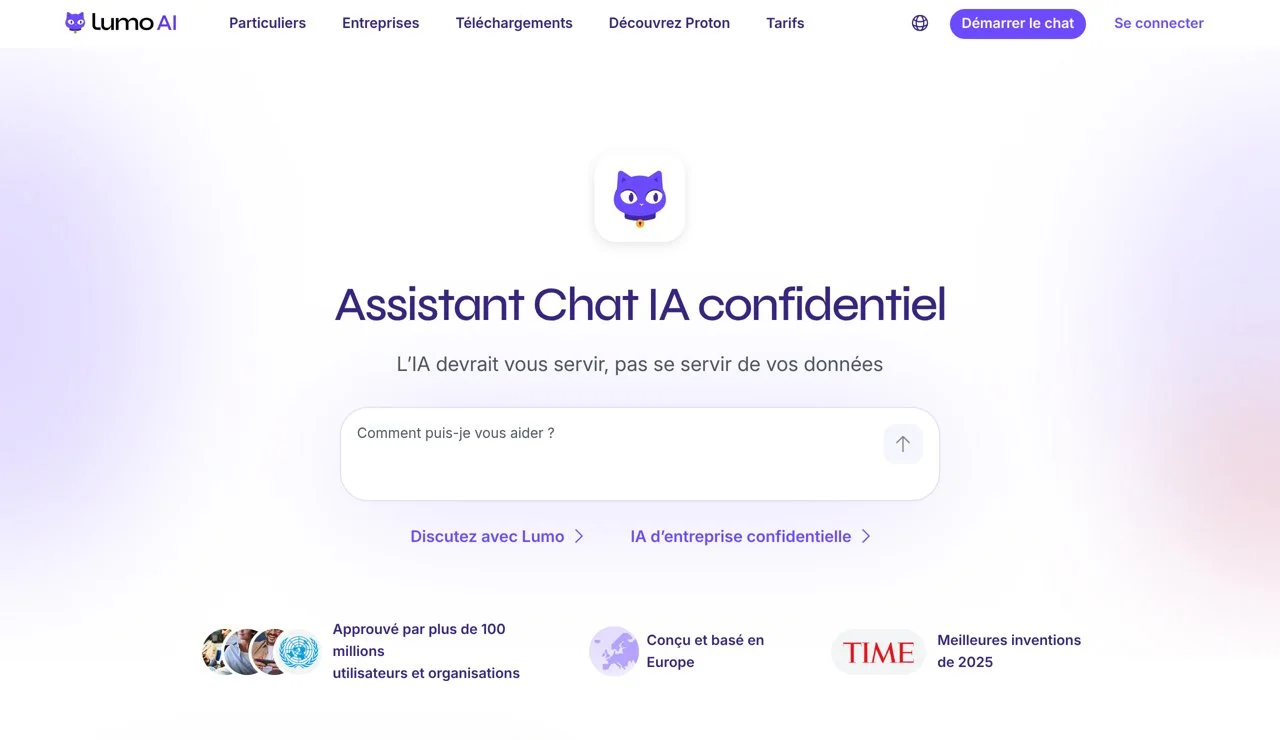 Page de présentation de Lumo, l'assistant chat IA confidentiel de Proton, en français
