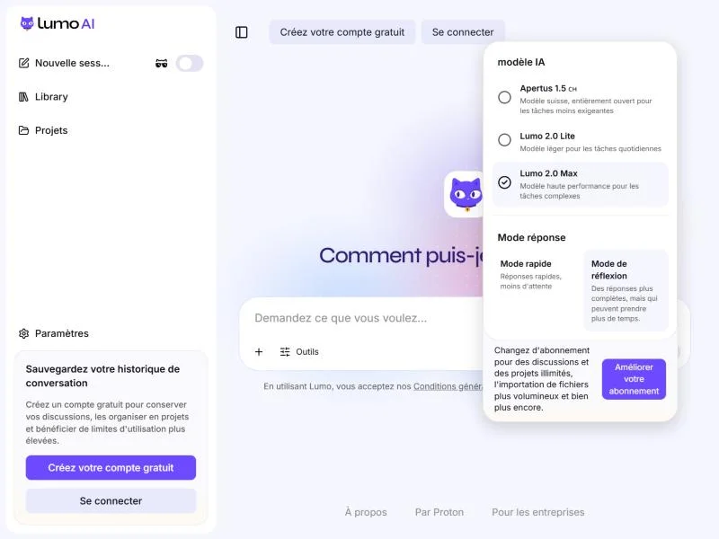 Menu de choix du modèle dans Lumo : Apertus 1.5, Lumo 2.0 Lite et Lumo 2.0 Max, avec les modes rapide et réflexion