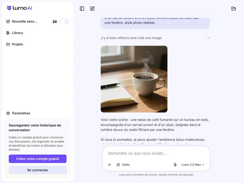 Image d'une tasse de café fumante sur un bureau en bois générée par Lumo en mode invité