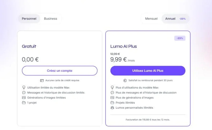 Tarifs de Lumo : offre gratuite à 0 euro et Lumo AI Plus à 9,99 euros par mois en annuel
