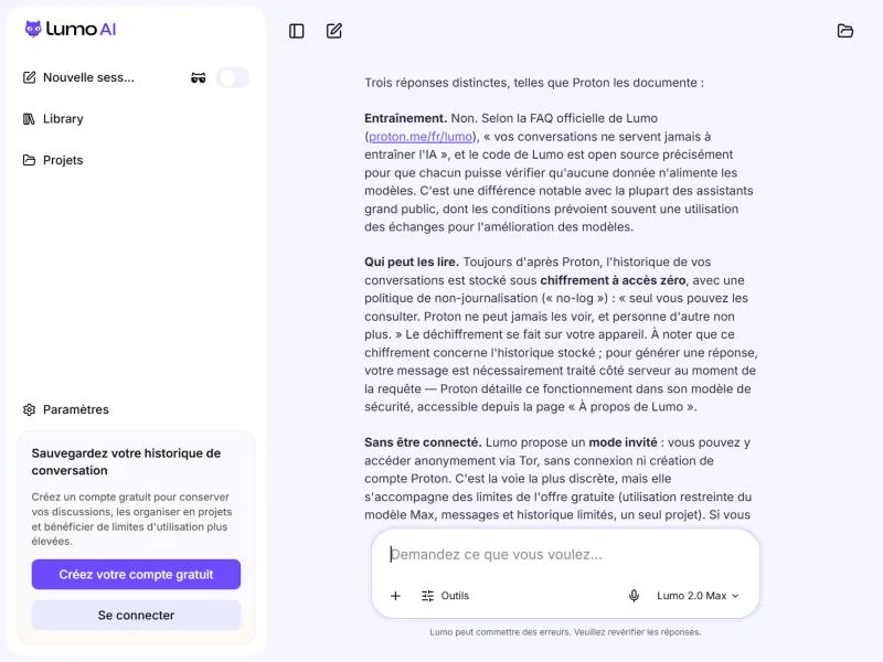 Réponse de Lumo expliquant l'absence d'entraînement sur les conversations et le chiffrement à accès zéro de l'historique