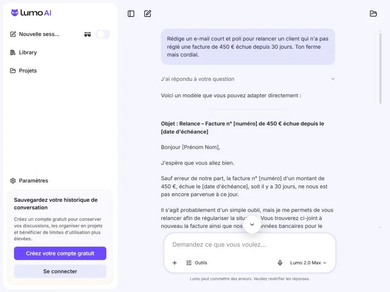 Réponse de Lumo à une demande d'e-mail de relance pour une facture impayée de 450 euros