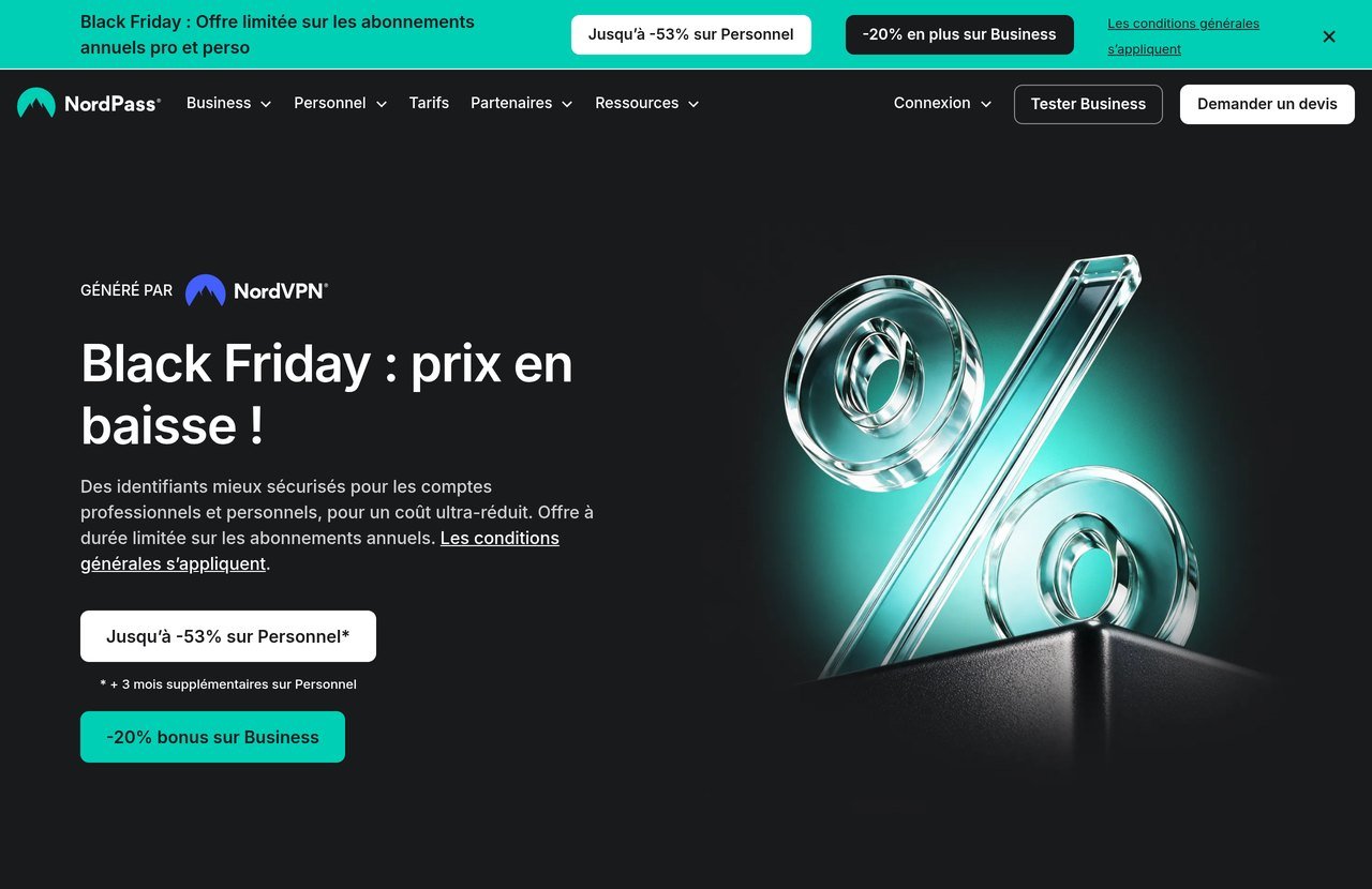 Page d'accueil de NordPass relevée le 22 octobre 2026 avec l'offre Black Friday : jusqu'à -53 % sur le plan Personnel