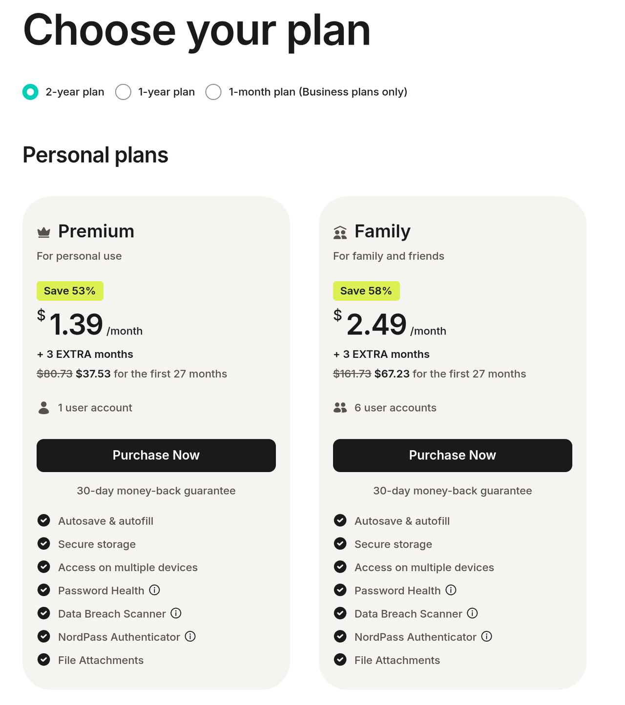NordPass pricing page showing the Premium plan at $1.39 per month and the Family plan at $2.49 per month on the 2-year term