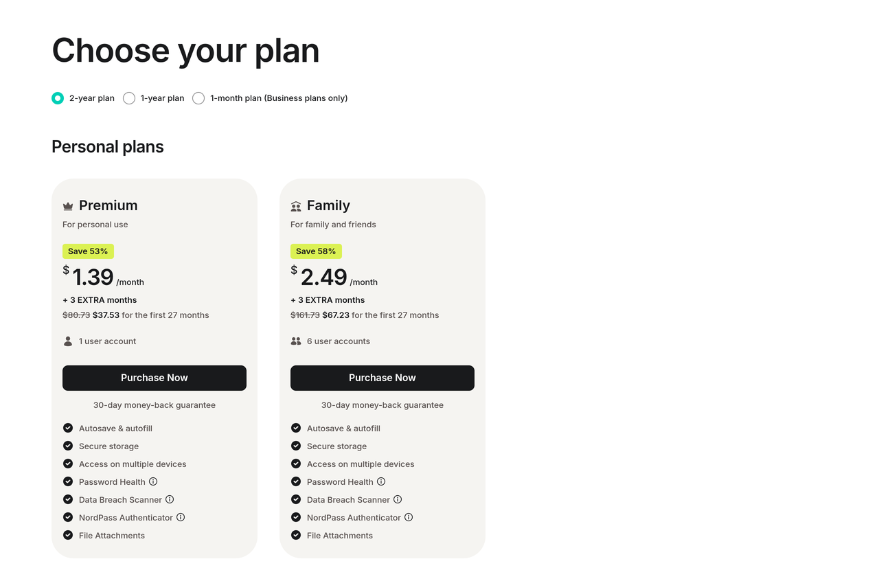 NordPass pricing page showing Premium at $1.39 a month and Family at $2.49 a month on 2-year plans