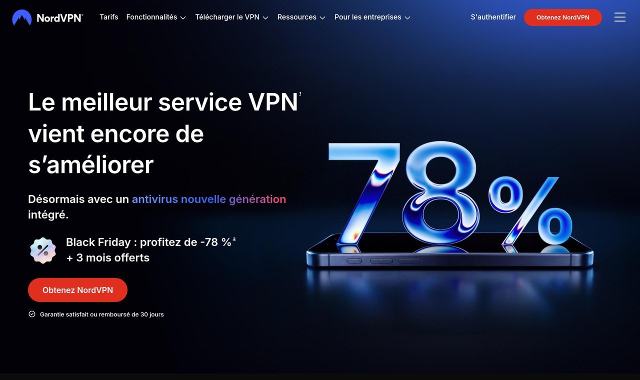 Page d'accueil de NordVPN relevée le 22 octobre 2026 avec l'offre Black Friday : -78 % et 3 mois offerts