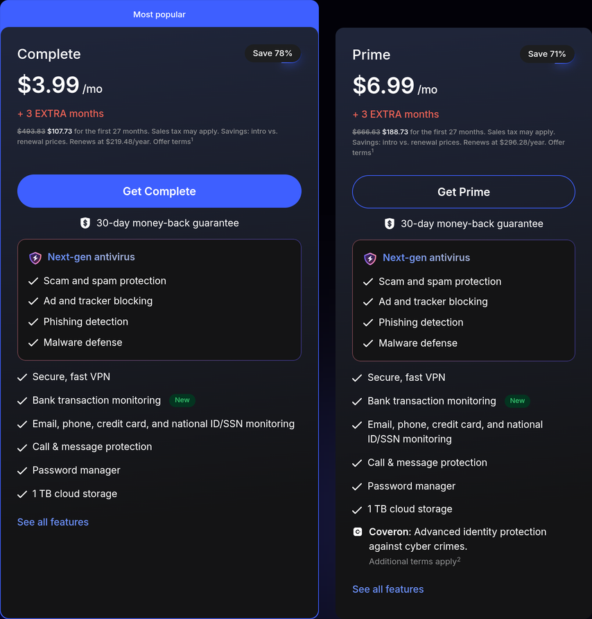 NordVPN Complete and Prime plan cards listing next-gen antivirus, bank transaction monitoring, password manager and 1 TB cloud storage