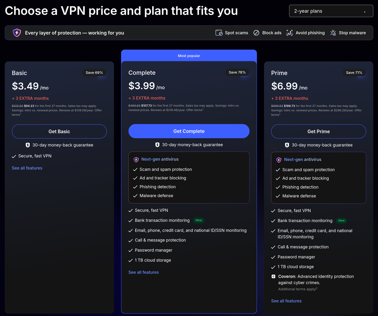 NordVPN pricing page showing the Basic, Complete and Prime 2-year plans in US dollars