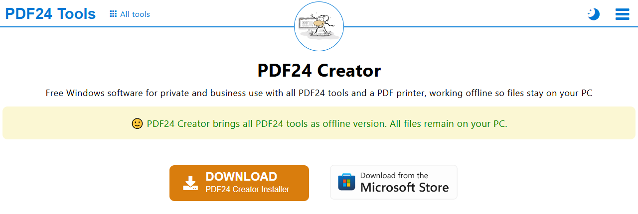 PDF24 Creator download page describing the free offline PDF software for Windows