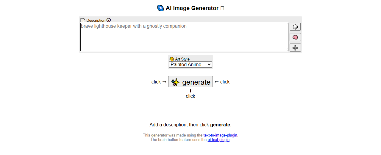 Perchance AI image generator form with a description box, an art style menu and a generate button