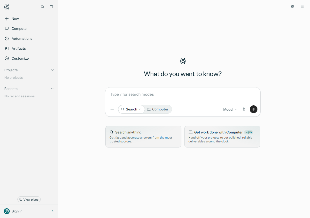 Perplexity home page with the Ask anything search box and a Sign In link, no login required to search