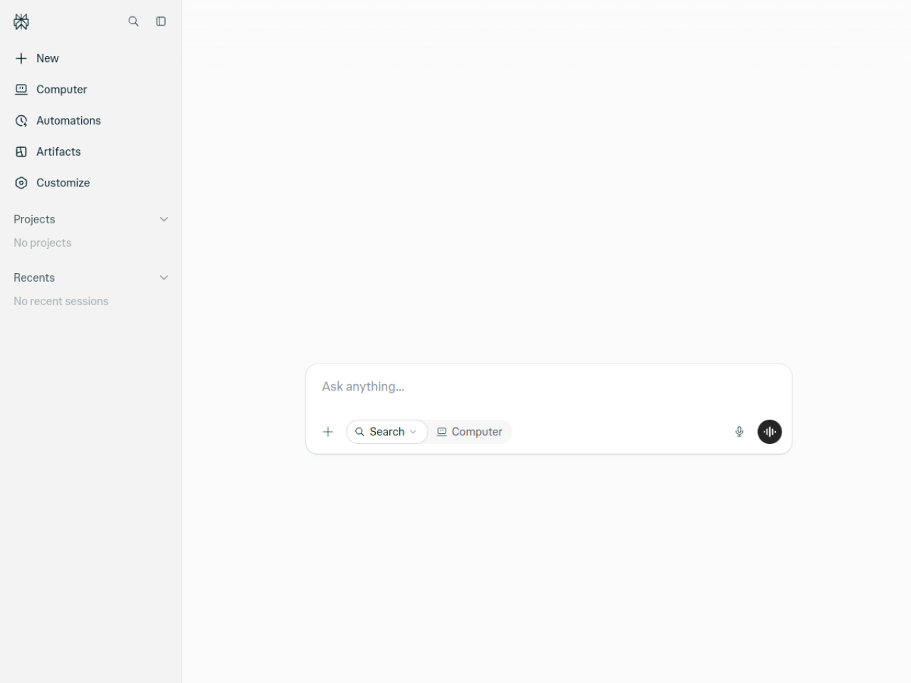 Perplexity home page showing an Ask anything box with Search and Computer options and no sign-in wall
