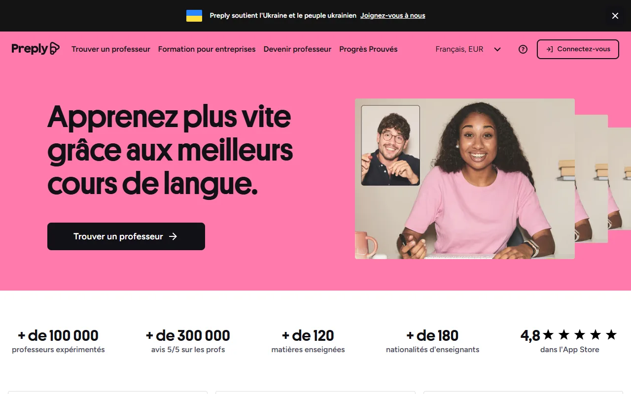 Page d'accueil de Preply avec le slogan sur les cours de langue et les chiffres clés de la plateforme