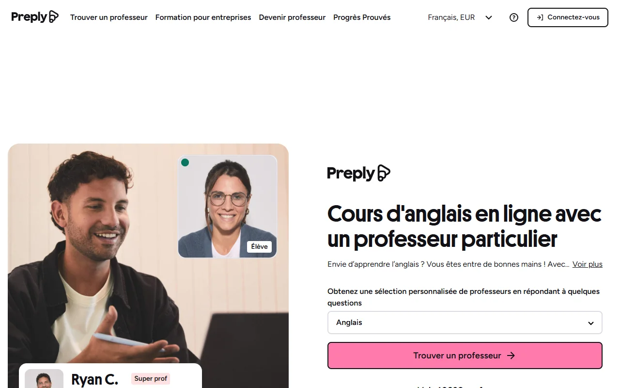 Page des cours d'anglais en ligne de Preply avec le bouton pour trouver un professeur
