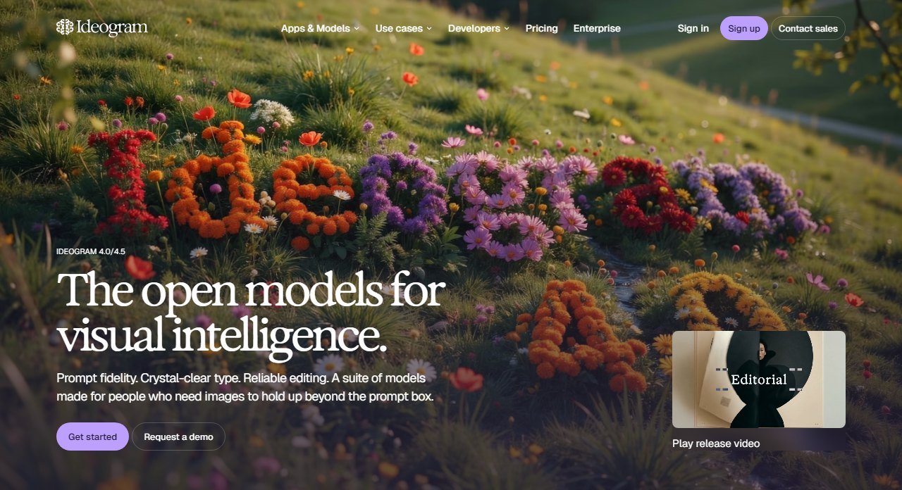 Page d'accueil d'Ideogram avec les modèles 4.0 et 4.5 et un visuel de texte formé par des fleurs