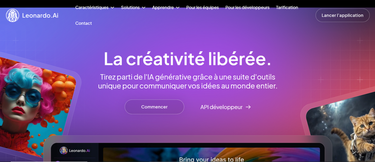 Page d'accueil de Leonardo.Ai avec le slogan La créativité libérée et les boutons Commencer et API développeur