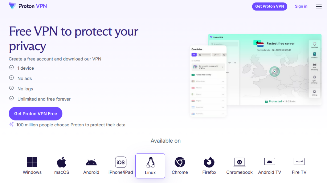 Proton VPN free plan page with the app preview showing the fastest free server and the side panel of features