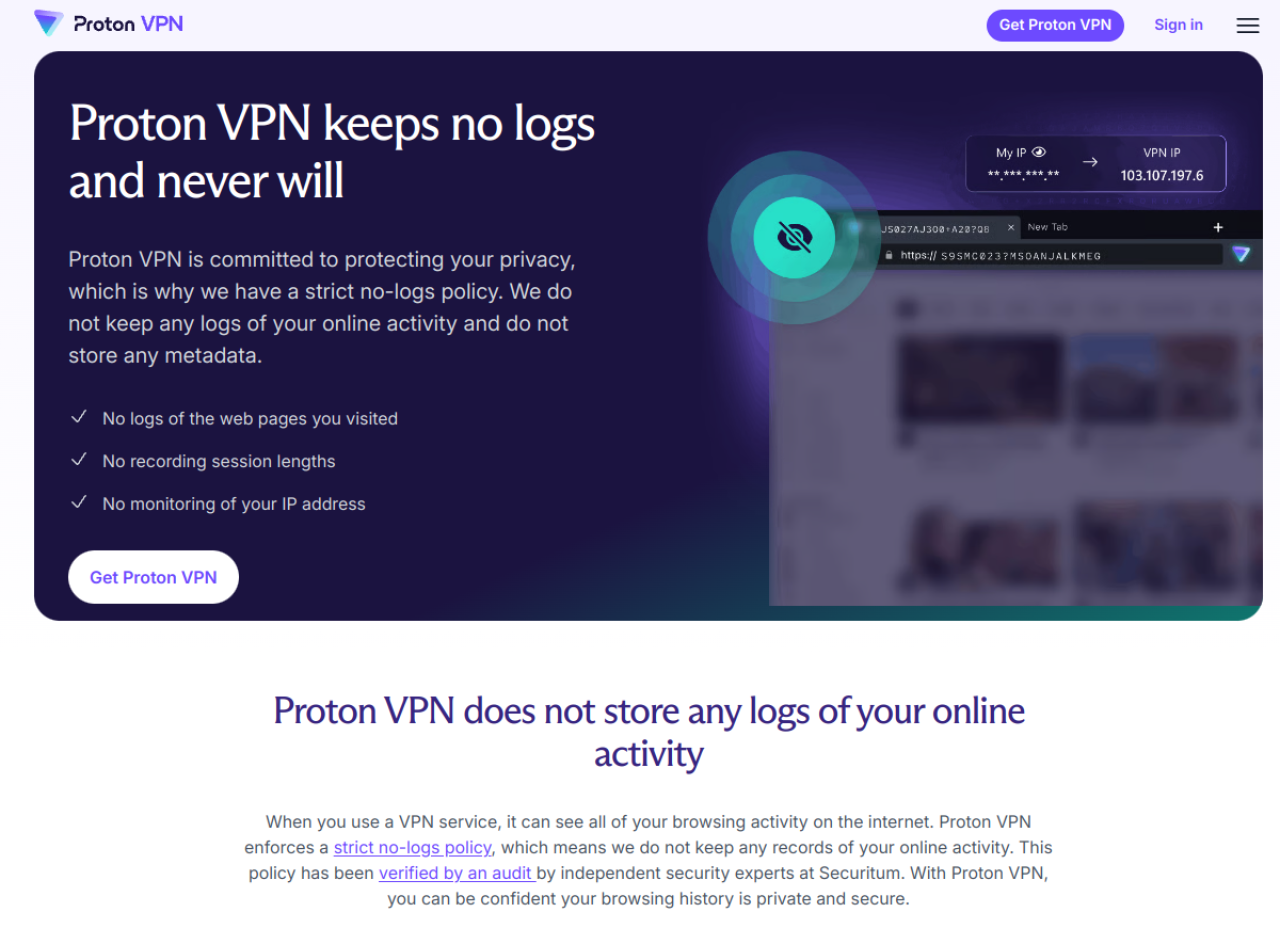 Page de Proton VPN consacrée à sa politique de non-conservation des journaux