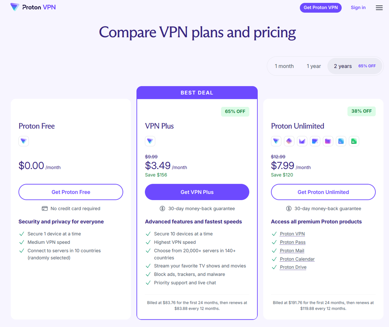 Proton VPN pricing page showing Free, VPN Plus at $3.49 a month and Proton Unlimited at $7.99 a month on the 2-year term