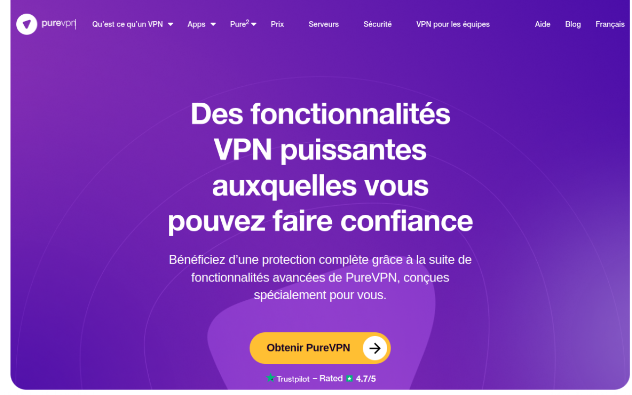 Page des fonctionnalités de PureVPN