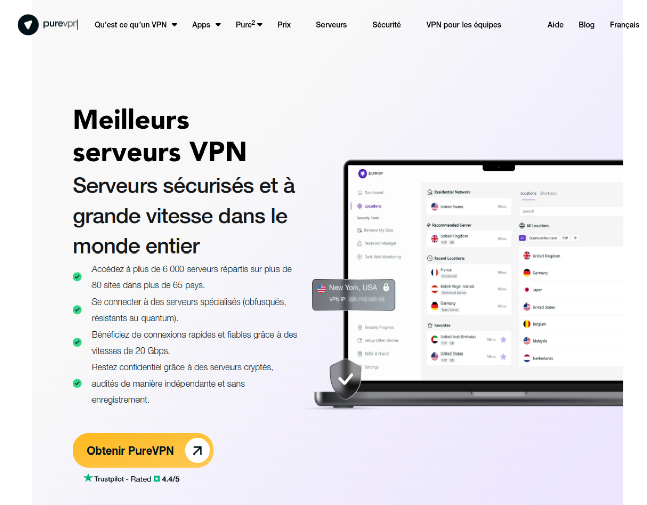 Page de PureVPN sur ses serveurs VPN