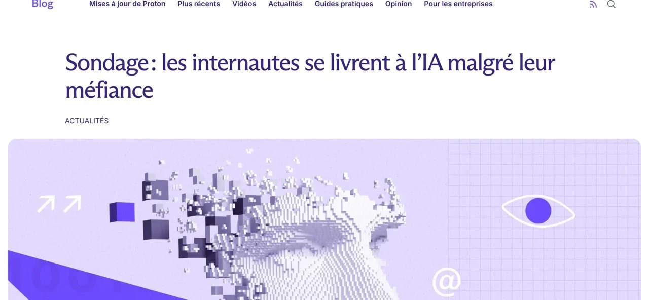 Page du blog Proton présentant le sondage sur la confiance des internautes envers l'IA