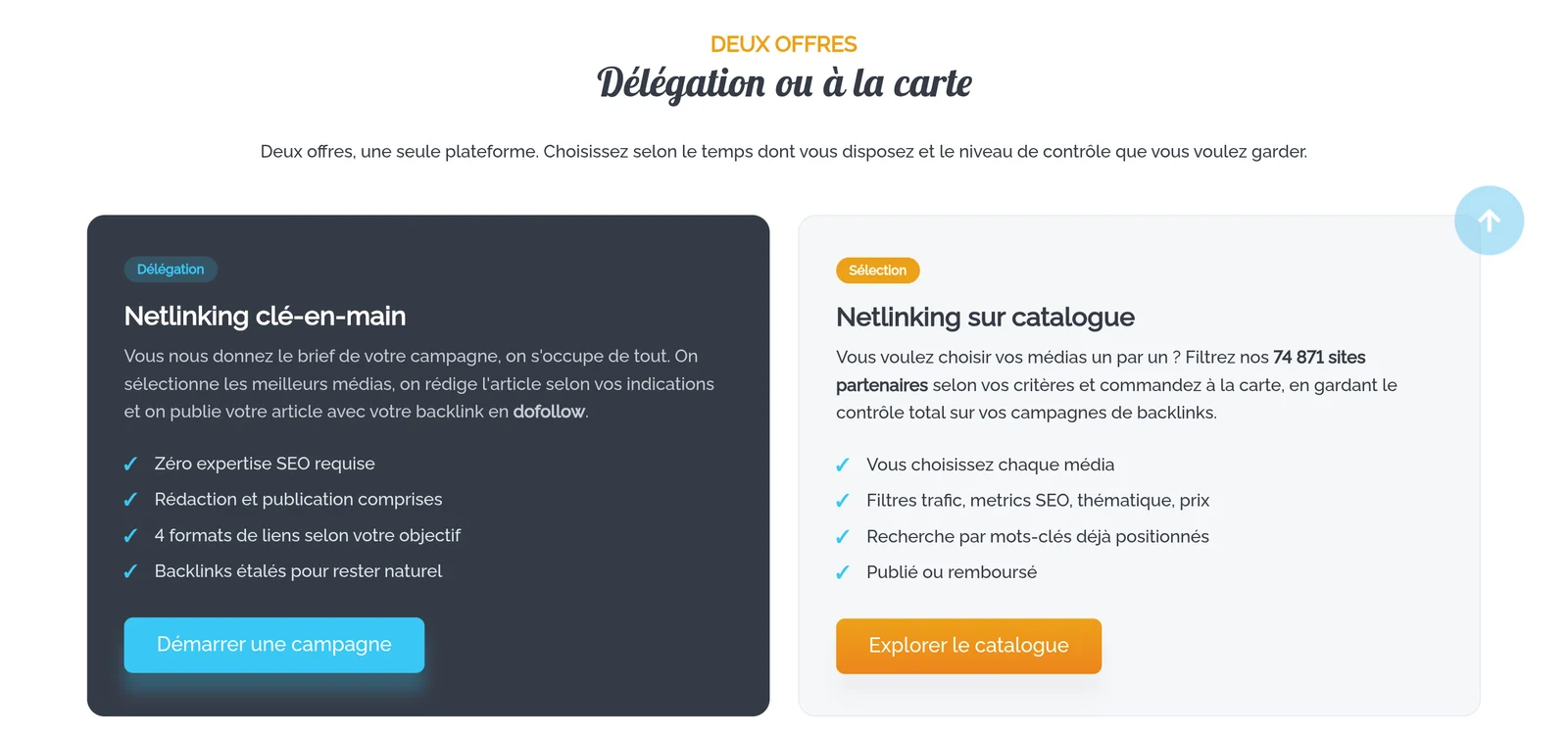 Les deux offres netlinking de Soumettre.fr : clé-en-main ou sur catalogue