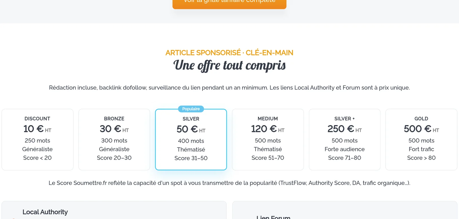 Grille tarifaire clé-en-main de Soumettre.fr, de 10 à 500 euros HT par article sponsorisé