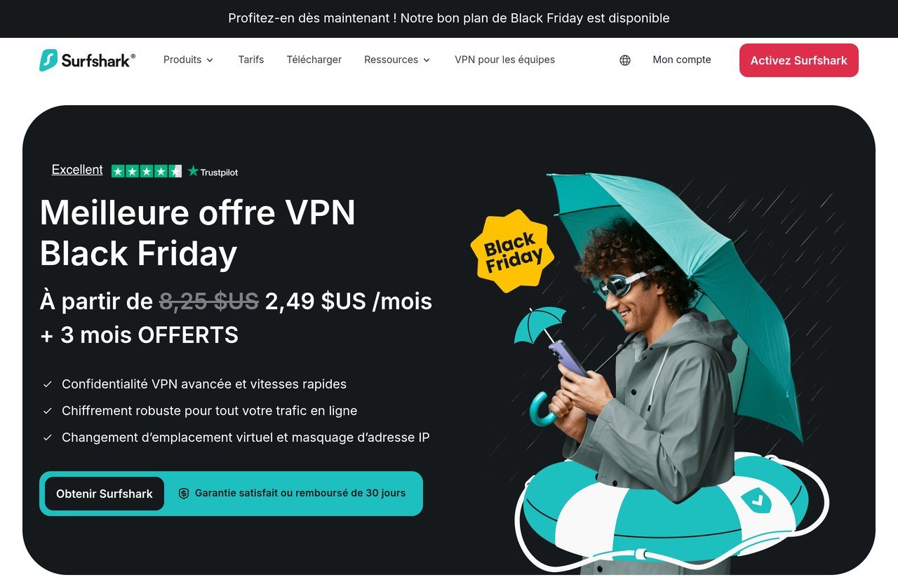 Page Black Friday de Surfshark relevée le 22 octobre 2026 : à partir de 2,49 dollars par mois et 3 mois offerts