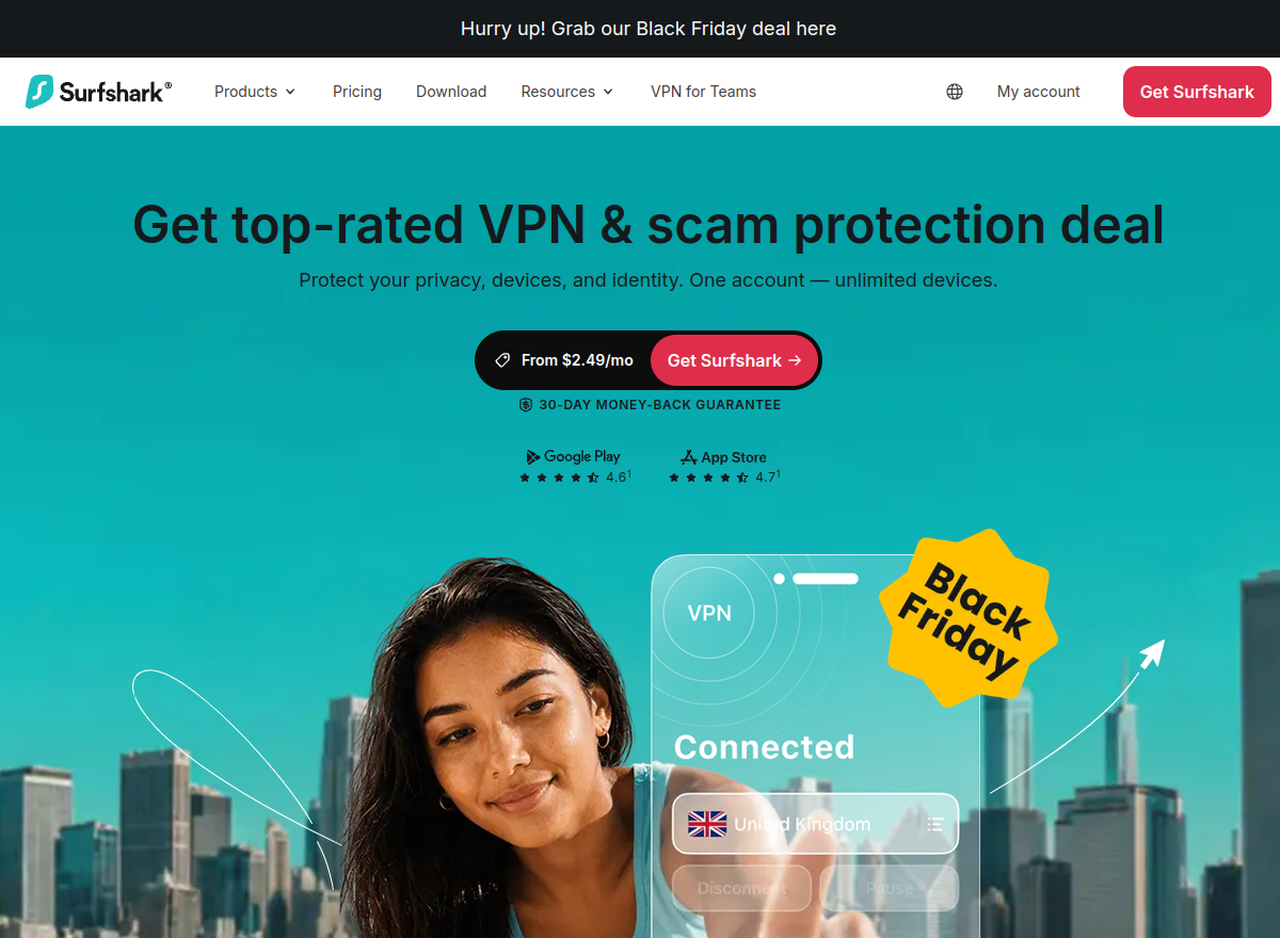 Surfshark home page advertising unlimited devices and a price from $2.49 a month