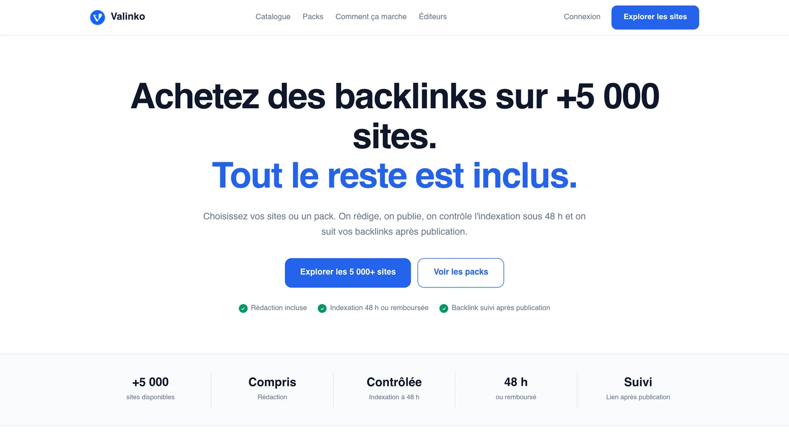 Page d'accueil de Valinko : achat de backlinks avec rédaction incluse et indexation contrôlée
