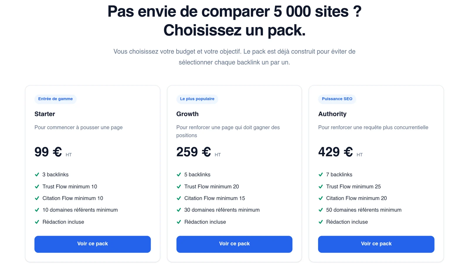Les trois packs de backlinks Valinko : Starter 99 euros, Growth 259 euros et Authority 429 euros HT