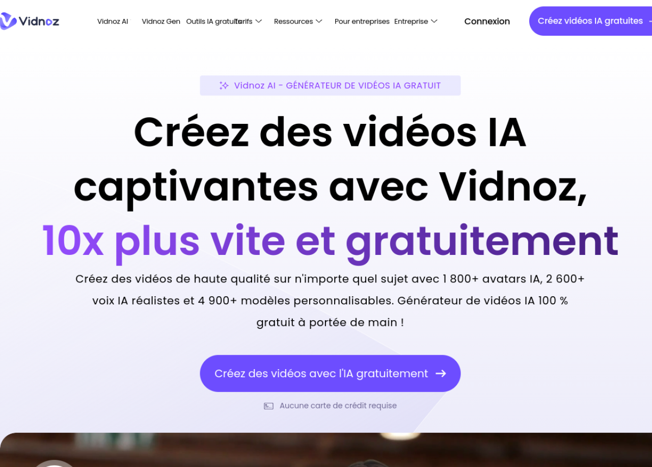 Page d'accueil française de Vidnoz AI : créer des vidéos IA avec 1 800 avatars et 2 600 voix
