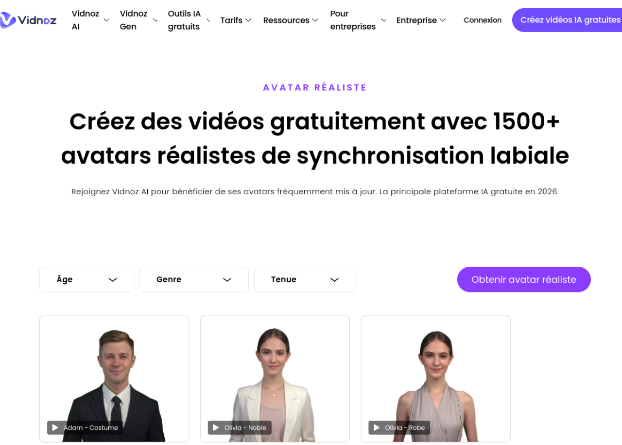 Bibliothèque d'avatars réalistes de Vidnoz AI avec filtres par âge, genre et tenue