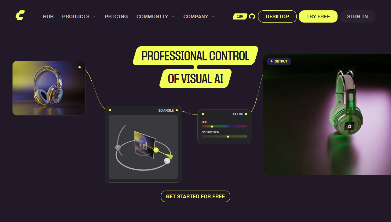 Page d'accueil de ComfyUI avec le slogan Professional control of visual AI et les boutons Desktop et Try free
